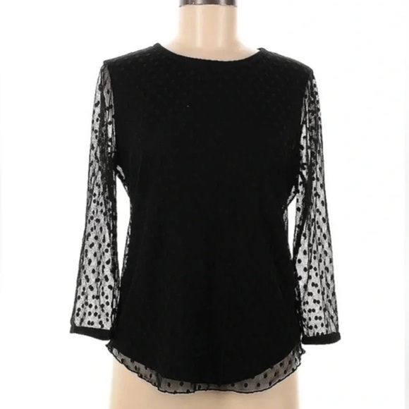 Ann Taylor Tops - Ann Taylor | Black Sheer Long Sleeves Polkadot Overlay Zip Back Blouse Size M